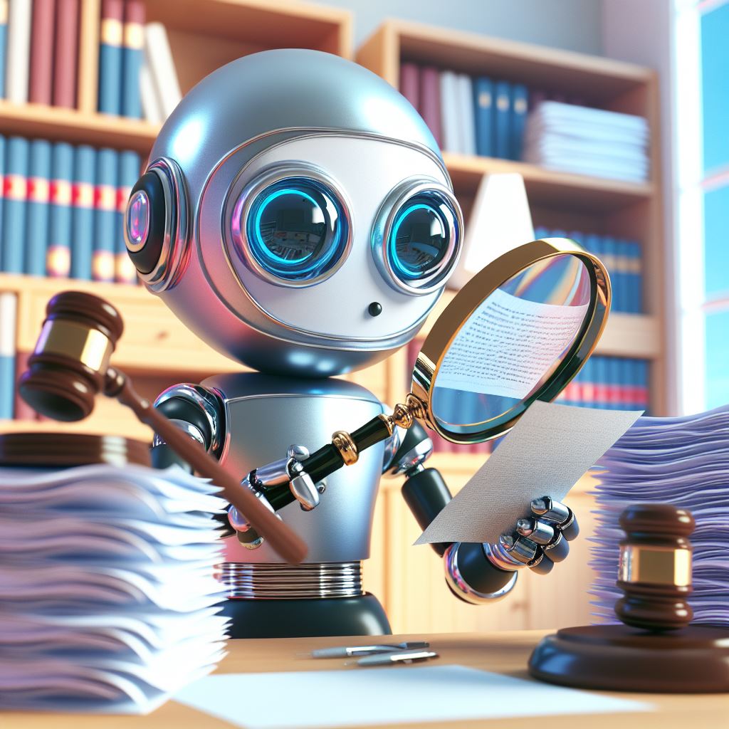 AI Generated Cartoon of a robot looking at some text through a magnifying glass.