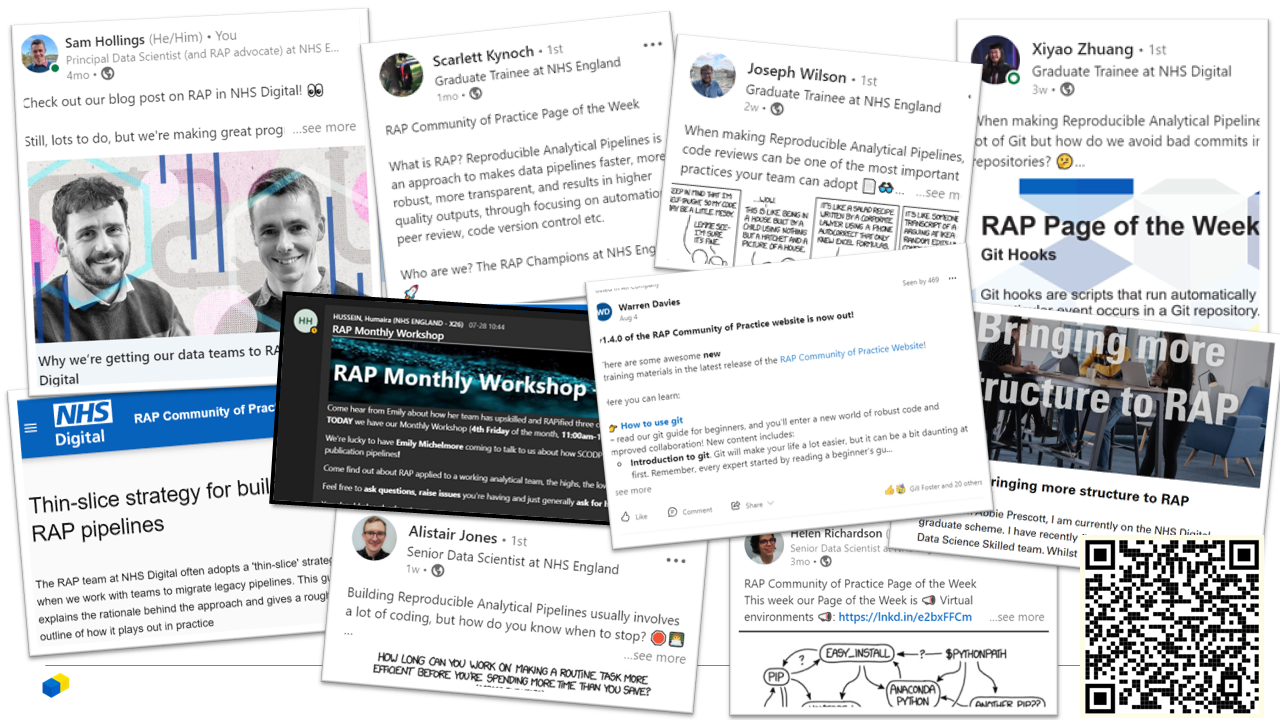 Multiple examples of how the team has marketed Reproducible Analytical Pipelines as a way of working, on LinkedIn, Teams, through drop-in sessions, seminars and conference talks.