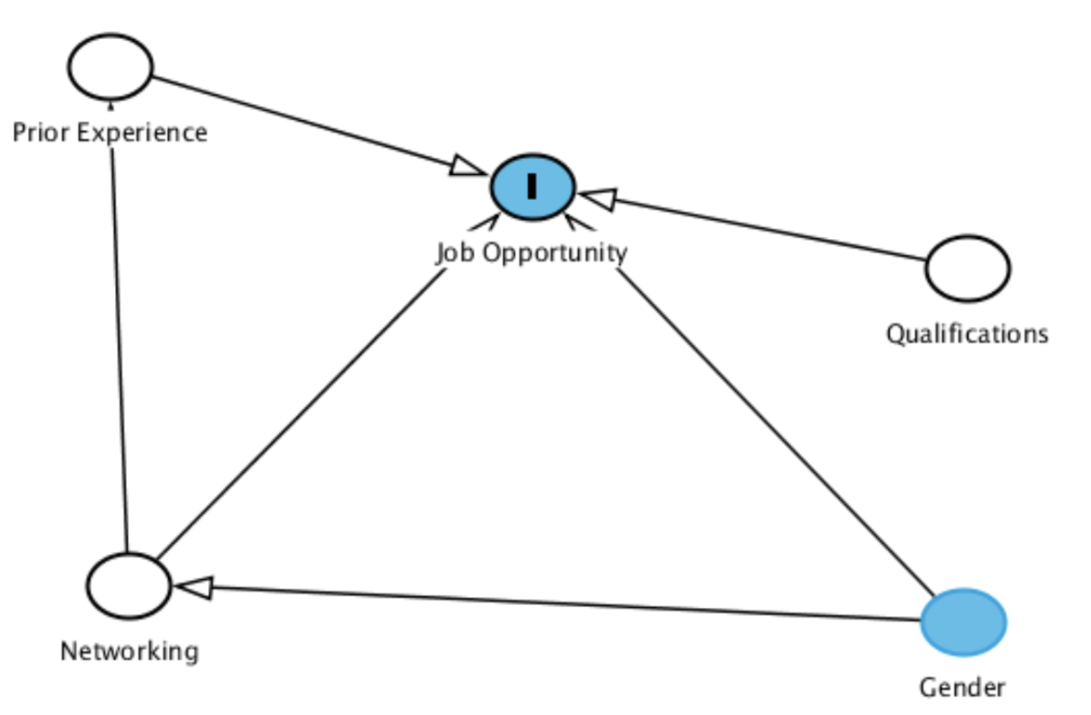 DAG showing the relationships between variables that may influence job opportunity. Five nodes labeled as Prior Experience, Qualifications, Networking, Gender, and Job Opportunity. Prior Experience, Qualifications, Networking, and Gender all have arrows pointing toward Job Opportunity. Additionally, Networking is influenced by Prior Experience, and Gender influences Networking.