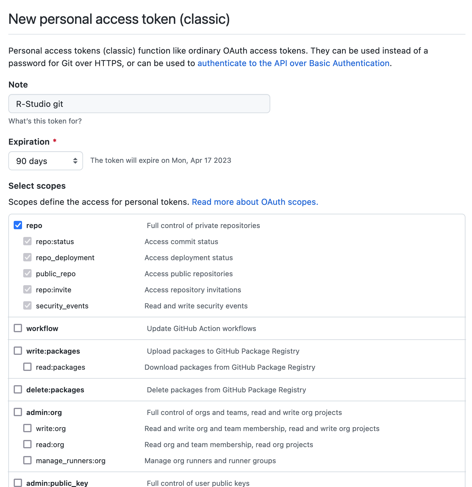Screenshot of GitHub's access token scope settings for a new personal access token
