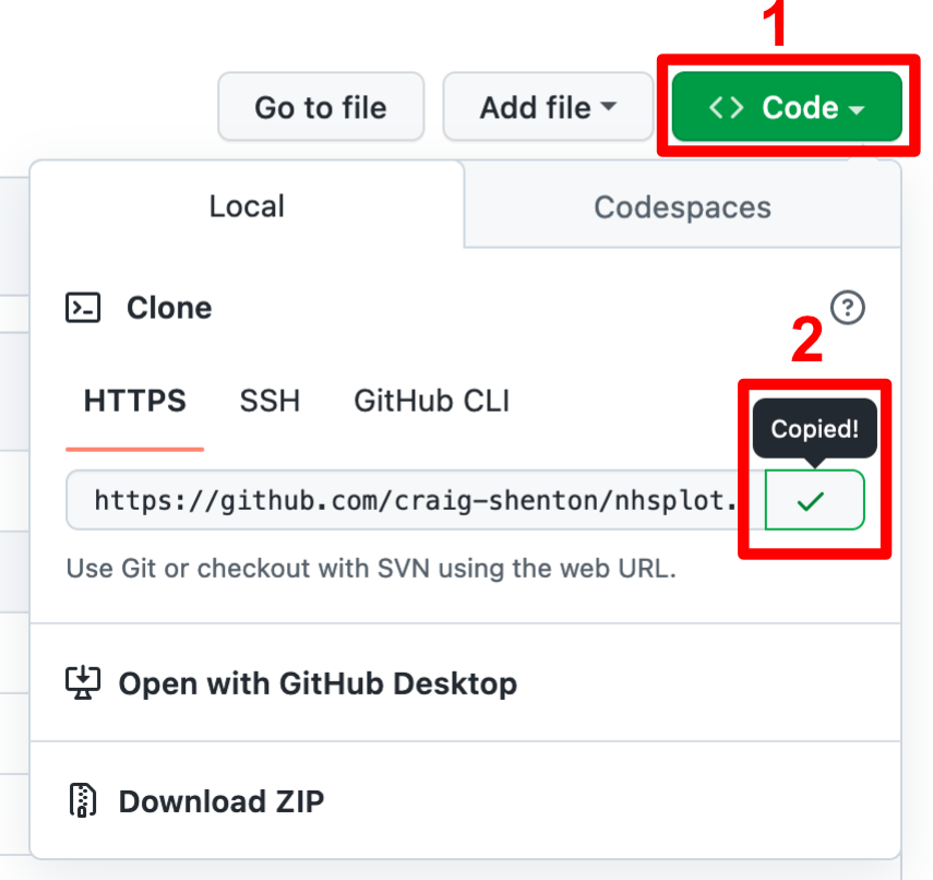 Screenshot of the 'Code' tab in a GitHub repository with the HTTPS cloning option