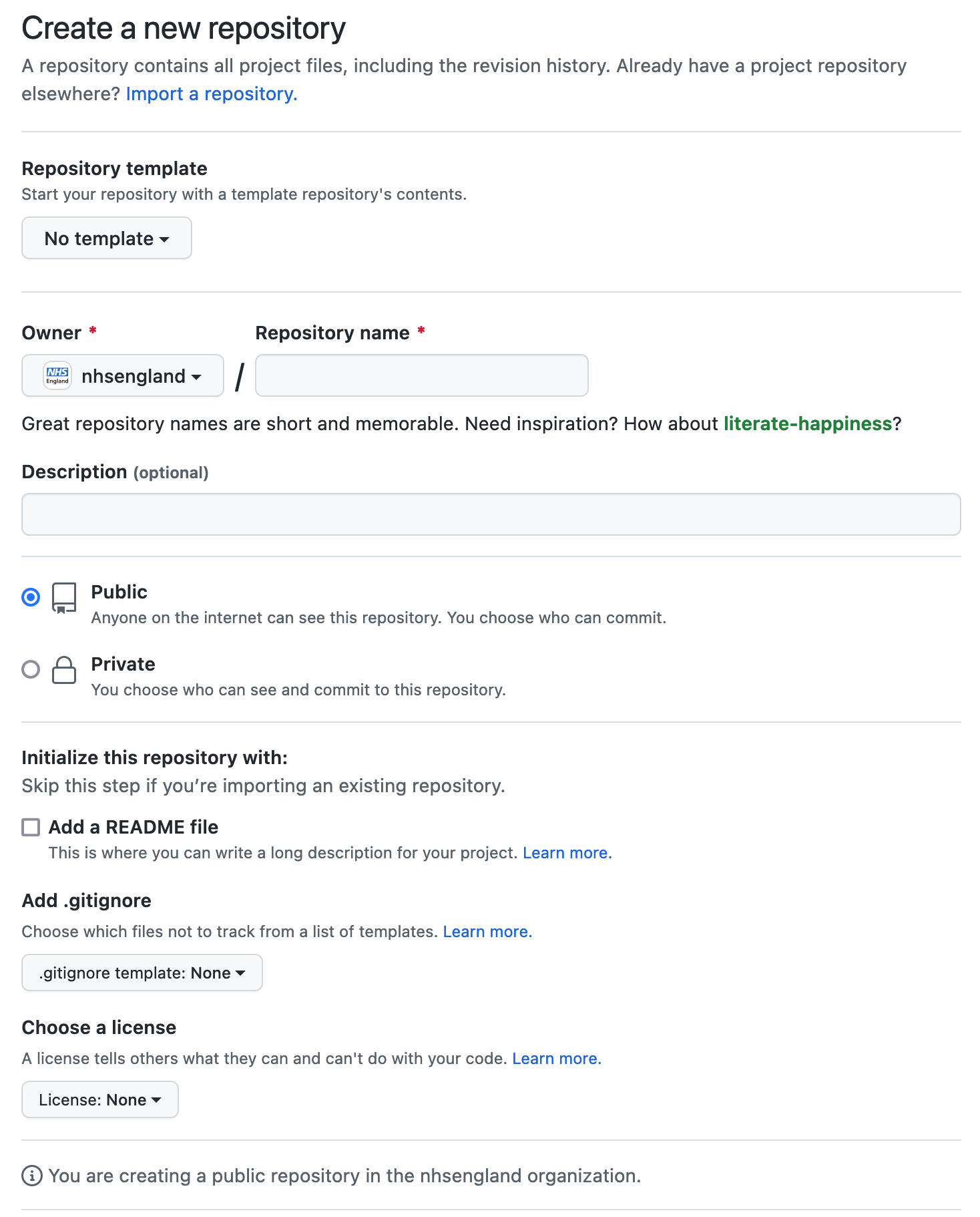 Screenshot of the 'Create a new repository' page on GitHub